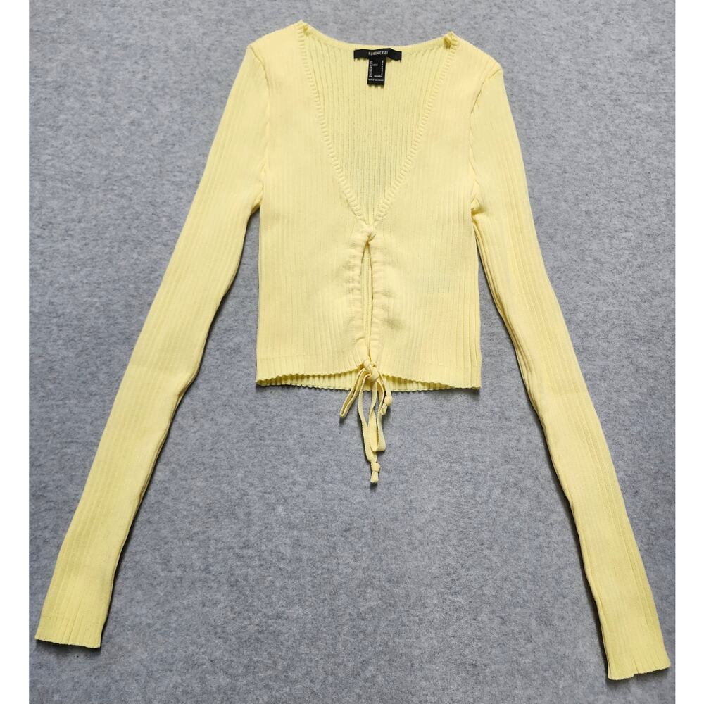 Forever 21 Yellow Ribbed Tie Front Cropped Cardigan Top Womens Small
